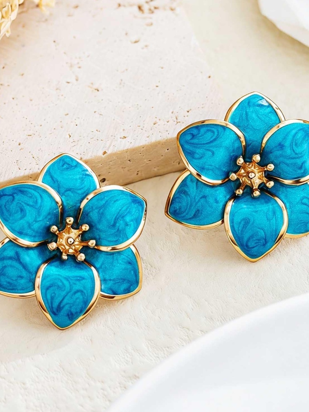 Anthropologie Turquoise Blue Floral Enamel Earrings with Gold Accents